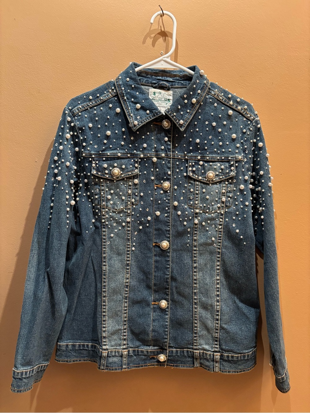 Quacker Factory Vintage denim jacket pearl and rhinestone embellishment buttons